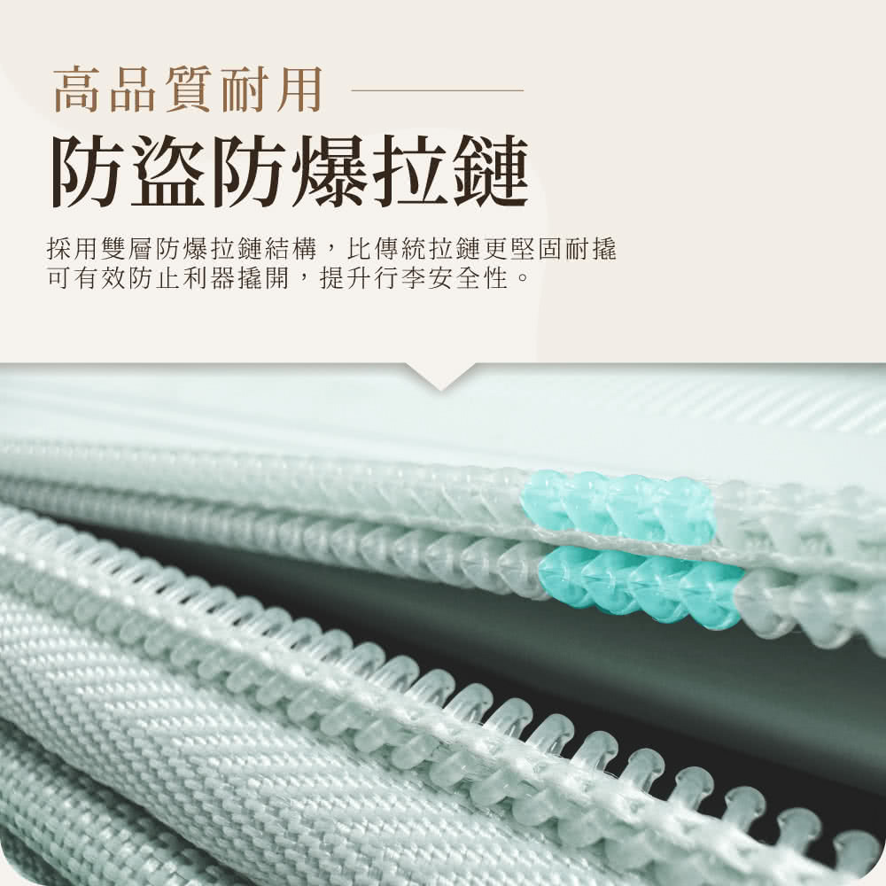 高品質耐用 防盜防爆拉鏈 採用雙層防爆拉鏈結構,比傳統拉鏈更堅固耐撬 可有效防止利器撬開,提升行李安全性。 