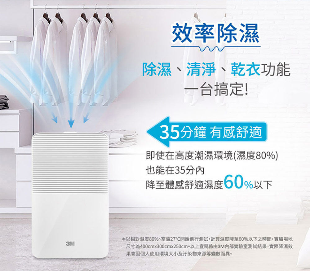 尺寸為400cmx300cmx250cmo以上宣稱係由3M內部實驗室測試結果,實際降濕效