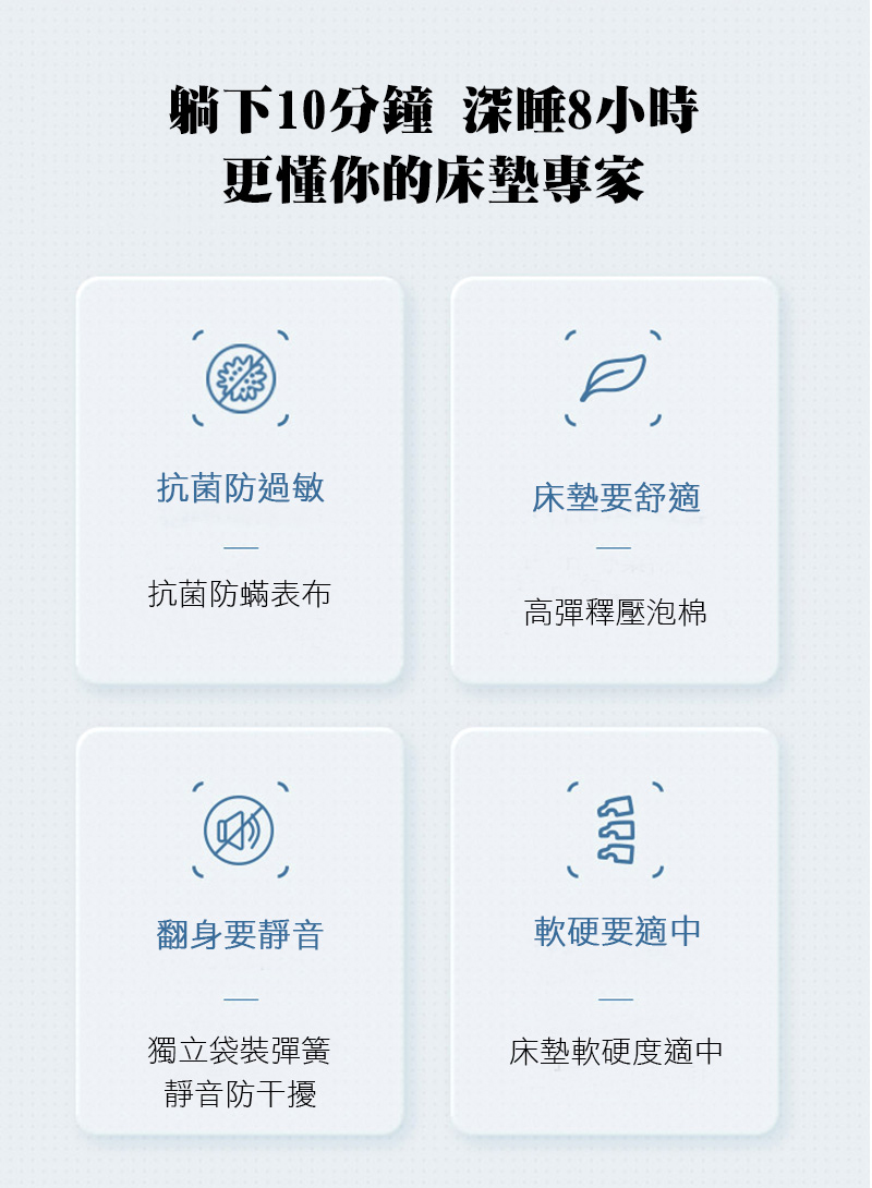 躺下10分鐘 深睡8小時更懂你的床墊專家抗菌防過敏床墊要舒適抗菌防蟎表布高彈釋壓泡棉翻身要靜音軟硬要適中獨立袋裝彈簧床墊軟硬度適中靜音防干擾