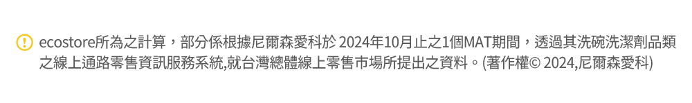 ecostore所為之計算,部分係根據尼爾森愛科於2024年10月止之1個MAT期間,透過其洗碗洗潔劑品類 之線上通路零售資訊服務系統,就台灣總體線上零售市場所提出之資料。著作權2024,尼爾森愛科 