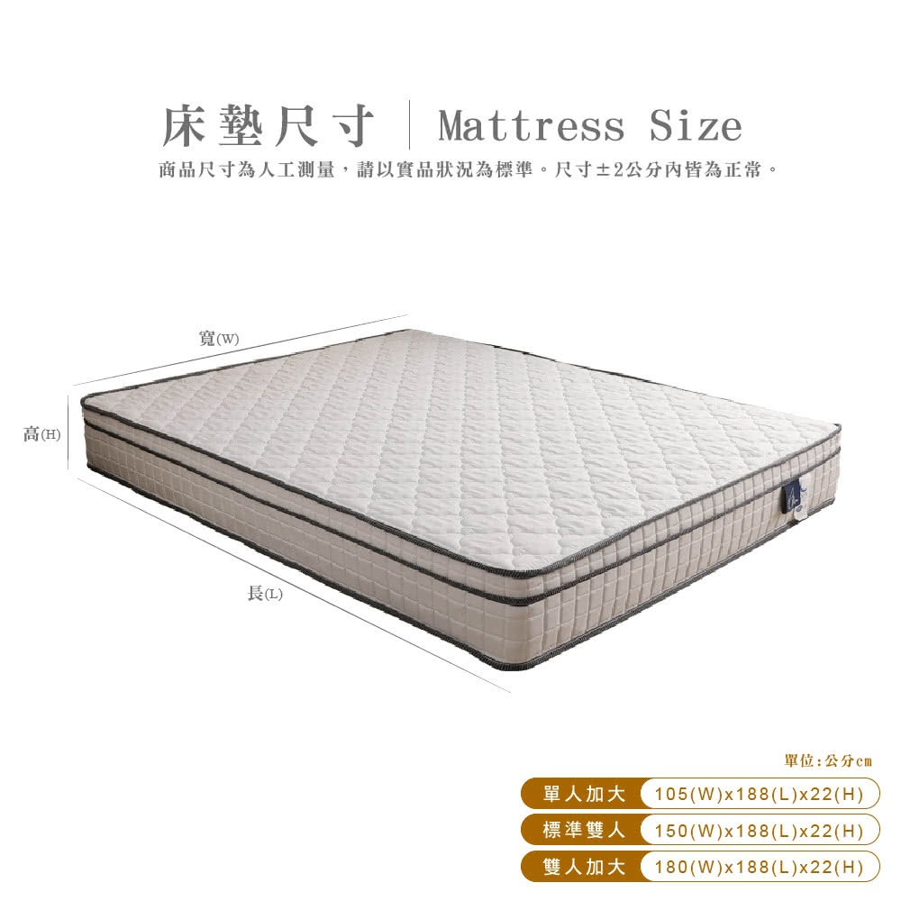 高H床墊尺寸| Mattress Size商品尺寸為人工測量,請以實品狀況為標準。尺寸±2內皆為正常。寬(W()單位:公分單人加大 105(W)x188(L)x22(H)標準雙人 150(W)x188(L)x22(H)雙人加大 180(W)x188(L)x22(H)