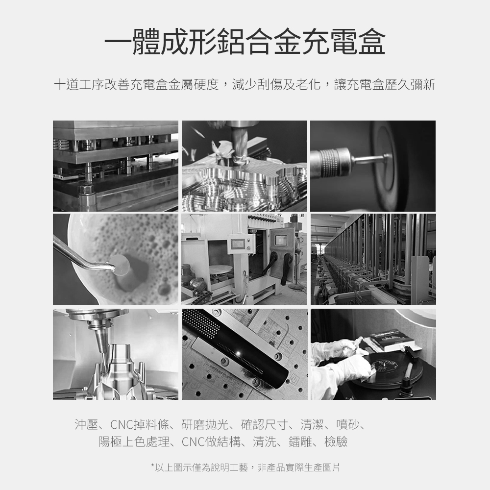 一體成形鋁合金充電盒 十道工序改善充電盒金屬硬度,減少刮傷及老化,讓充電盒歷久彌新 沖壓、CNC掉料條、研磨拋光、確認尺寸、清潔、噴砂、 陽極上色處理、CNC做結構、清洗、鐳雕、檢驗 以上圖示僅為說明工藝,非產品實際生產圖片 