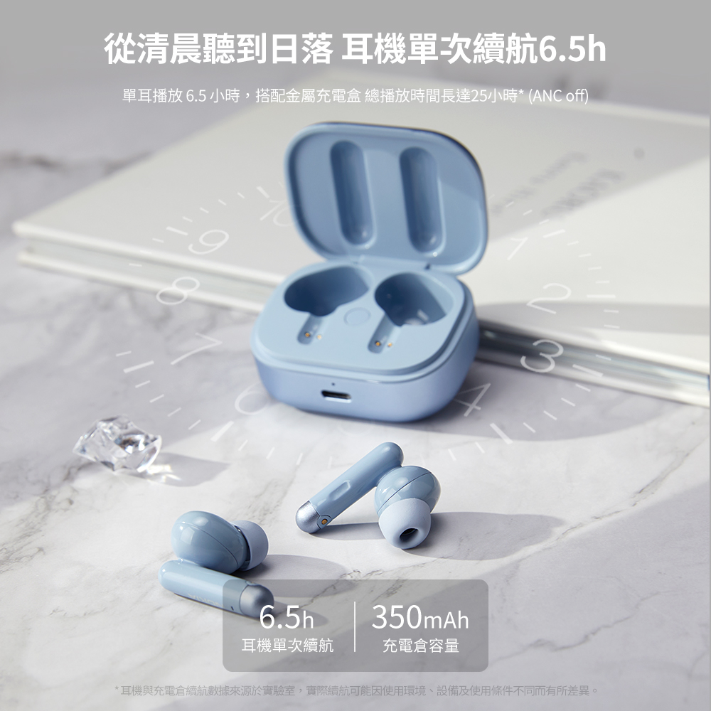 從清晨聽到日落 耳機單次續航6.5h 單耳播放6.5 小時,搭配金屬充電盒 總播放時間長達25小時 ANC off 耳機單次續航 充電倉容量 耳機與充電倉續航數據來源於實驗室,實際續航可能因使用環境、設備及使用條件不同而有所差異。 