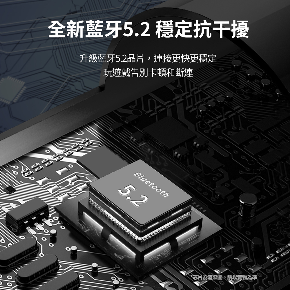 全新藍牙5.2 穩定抗干擾 升級藍牙5.2晶片,連接更快更穩定 玩遊戲告別卡頓和斷連 芯片為渲染圖,請以實物為準 