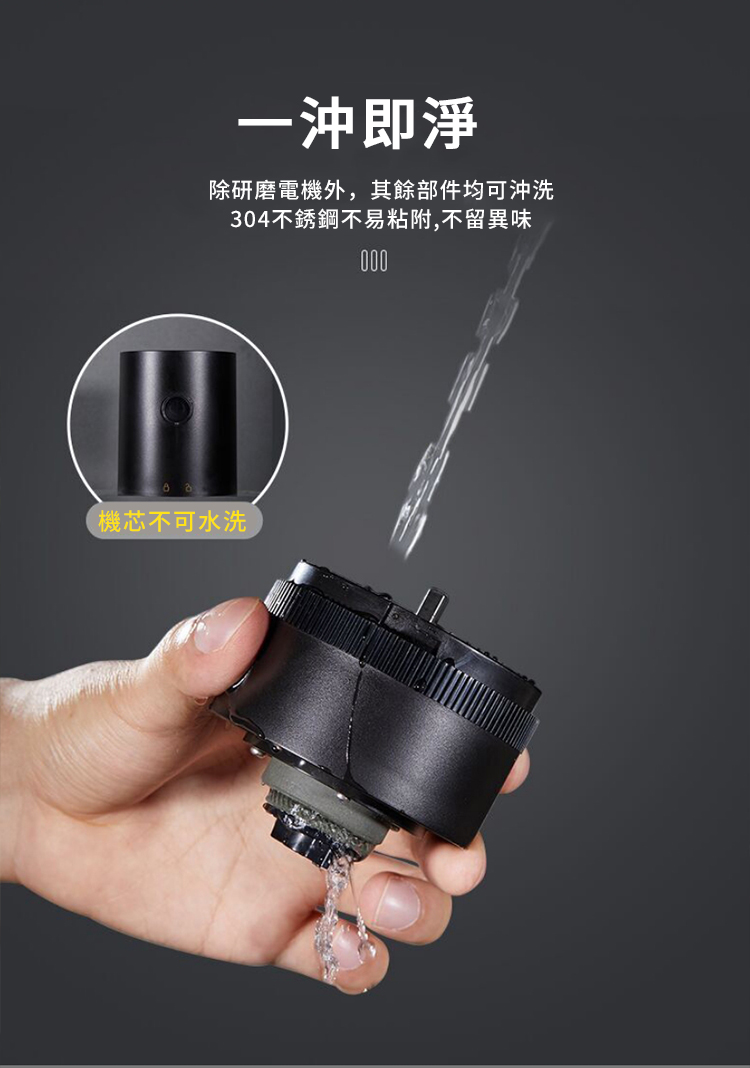 一沖即淨 除研磨電機外,其餘部件均可沖洗 304不銹鋼不易粘附,不留異味 機芯不可水洗 