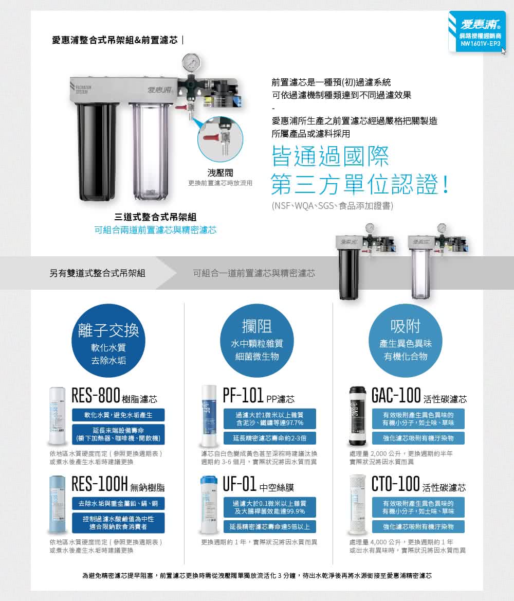 為避免精密濾芯提早阻塞,前置濾芯更換時需從洩壓閥單獨放流活化3分鐘,待出水乾淨後再將水源銜接至愛惠浦精密濾芯
