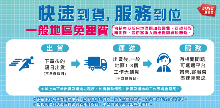 以上為正常出貨及運送之程序,如有特殊情況,出貨及運送的工作天將會延長。