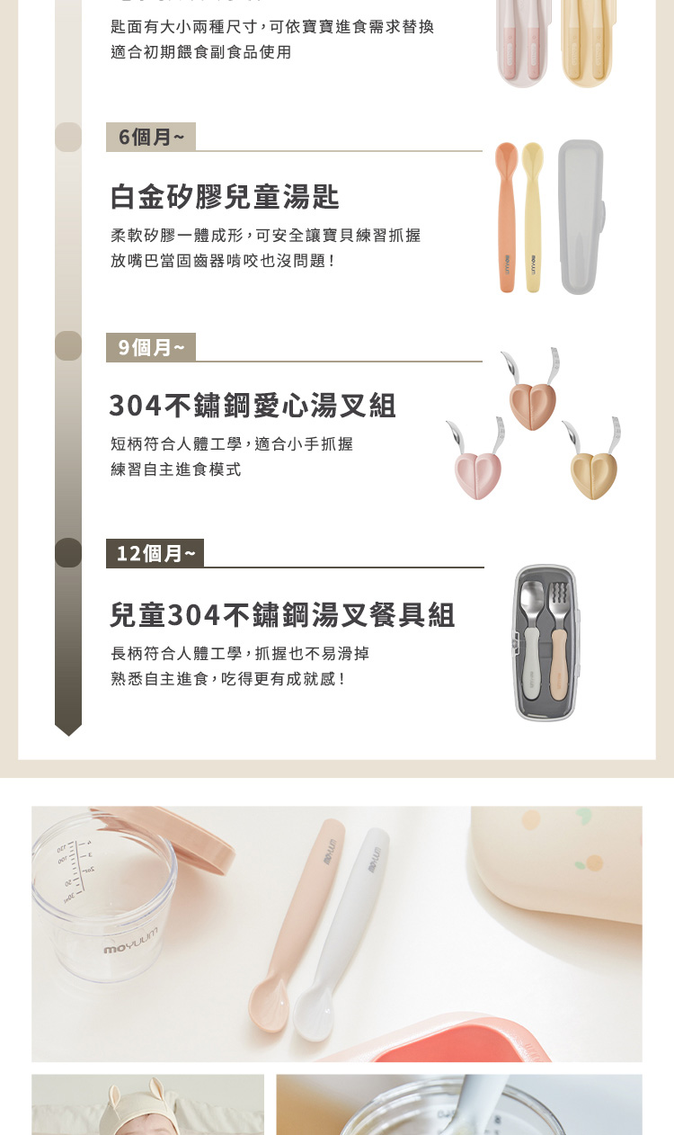 匙面有大小兩種尺寸,可依寶寶進食需求替換
