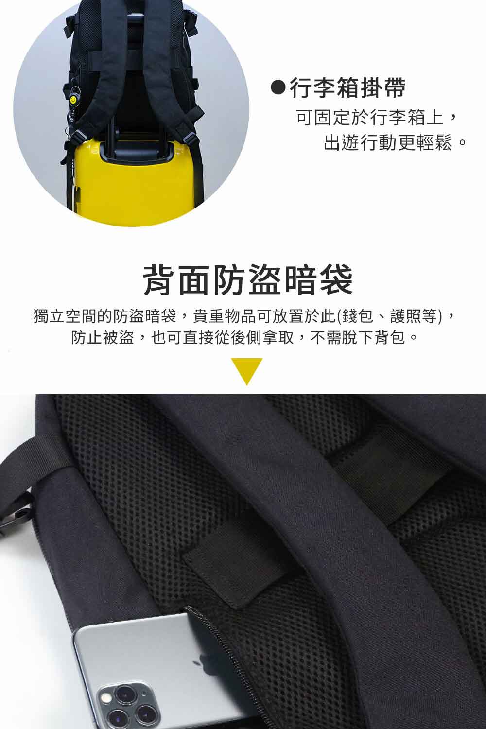 獨立空間的防盜暗袋,貴重物品可放置於此錢包、護照等,
