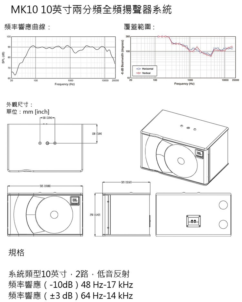 MK10 10英寸兩分頻全頻揚聲器系統頻率響應曲線:覆蓋範圍:20100100010000 20000Frequency Hz外觀尺寸:單位:mm [nch]  1988128  6 dB Beamwidth i-320 ()規格系統類型10英寸,2路,低音反射頻率響應(-10dB)48 Hz-17 kHz頻率響應(±3dB)64 Hz-14 kHz20 Horizontal Vertical1001000Frequency (Hz)10000 20000