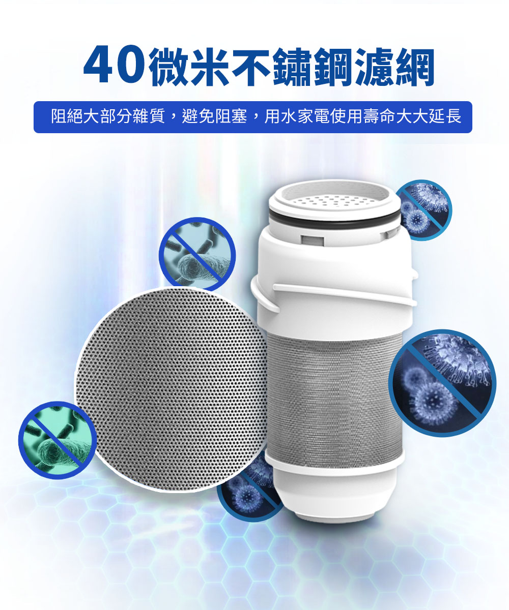 40微米不鏽鋼濾網 阻絕大部分雜質,避免阻塞,用水家電使用壽命大大延長 