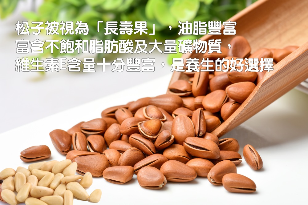 松子被視為長壽果,油脂豐富 富含不飽和脂肪酸及大量礦物質 維生素E含量十分豐富,是養生的好選擇 