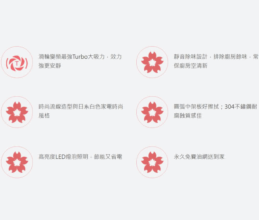 渦輪變頻最強Turbo大吸力效力強更安靜靜音除味設計排除廚房餘味,常保廚房空清新時尚流線造型與日系白色家電時尚風格圓弧中架板好擦拭;304不鏽鋼耐腐蝕質感佳高亮度LED燈泡照明,節能又省電永久免費油網送到家