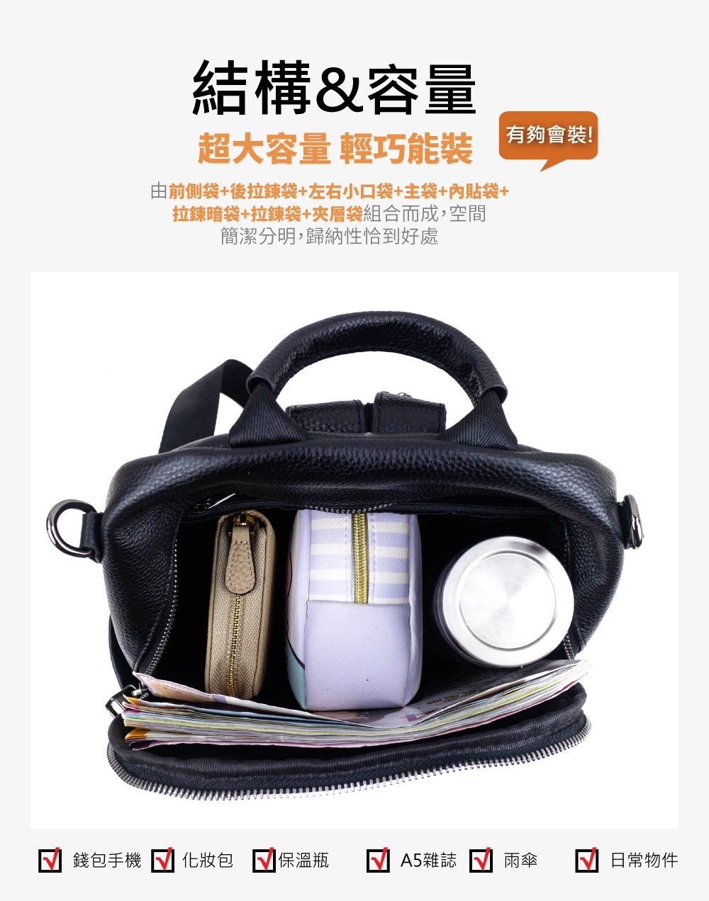 由前側袋後拉鍊袋左右小口袋主袋內貼袋