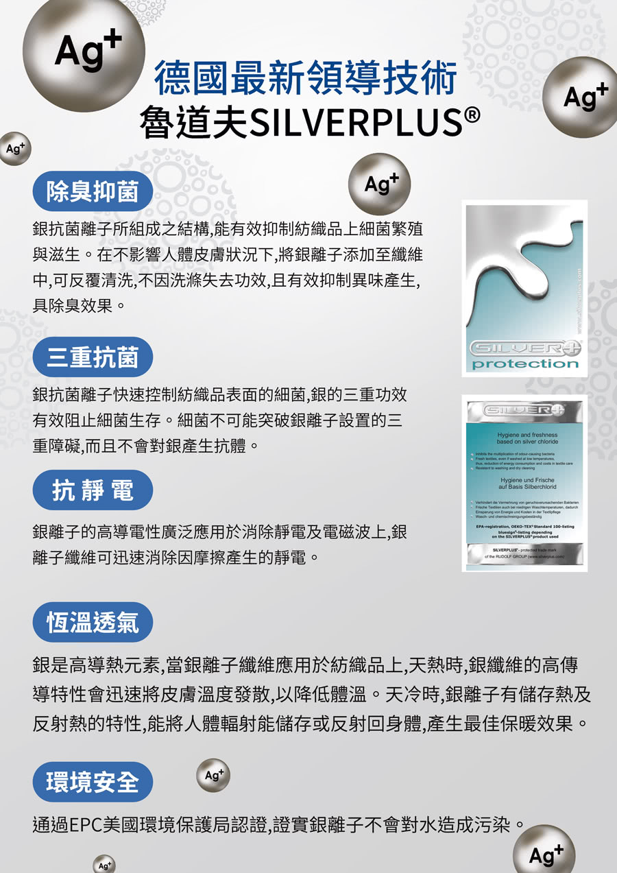 銀是高導熱元素,當銀離子纖維應用於紡織品上,天熱時,銀纖維的高傳