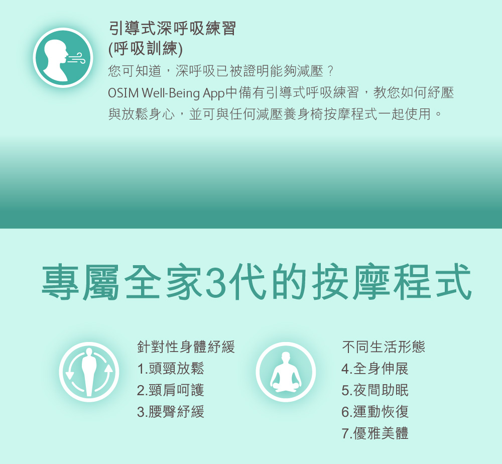 OSIM WellBeing App中備有引導式呼吸練習,教您如何紓壓