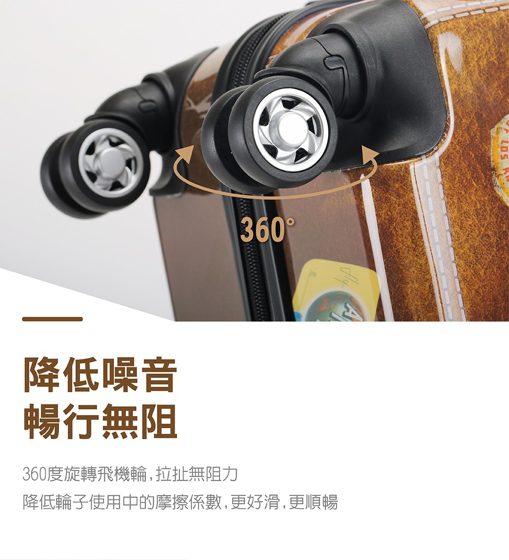 降低噪音 暢行無阻 360度旋轉飛機輪,拉扯無阻力 降低輪子使用中的摩擦係數,更好滑,更順暢 