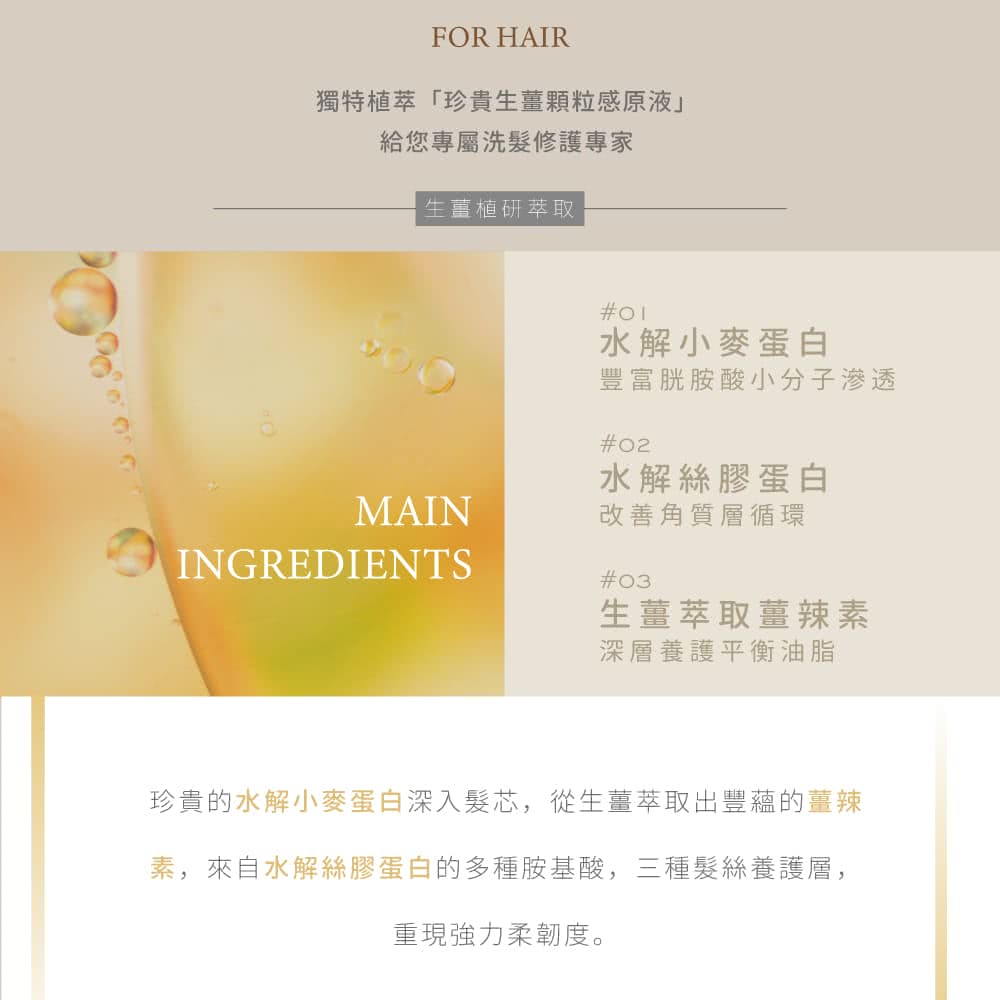 珍貴的水解小麥蛋白深入髮芯,從生薑萃取出豐蘊的薑辣