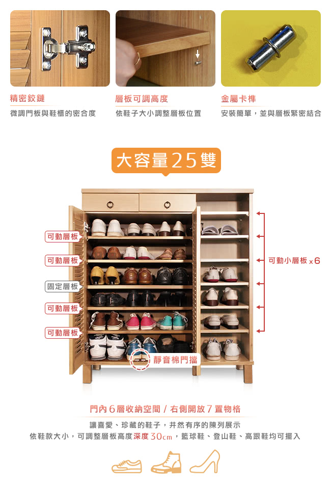依鞋款大小,可調整層板高度深度30cm,籃球鞋、登山鞋、高跟鞋均可擺入