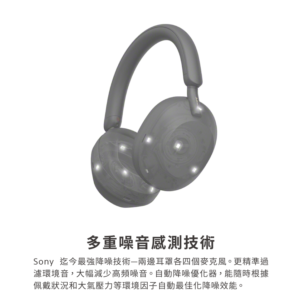 多重噪音感測技術 Sony 迄今最強降噪技術兩邊耳罩各四個麥克風。更精準過 濾環境音,大幅減少高頻噪音。自動降噪優化器,能隨時根據 佩戴狀況和大氣壓力等環境因子自動最佳化降噪效能。 