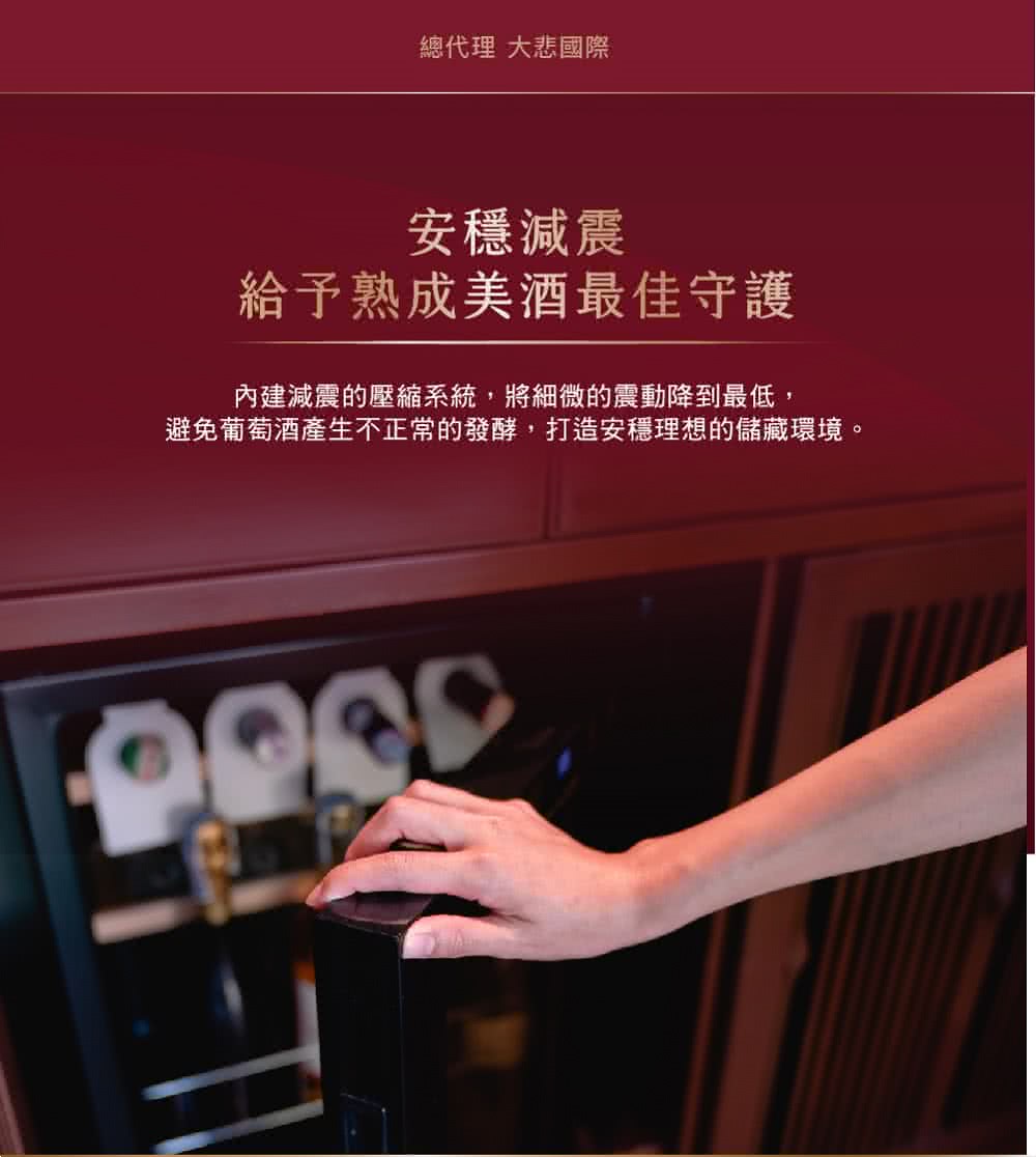 总代理 大悲国际 安稳减震 给予熟成美酒最佳守护 内建减震的压缩系统,将细微的震动降到最低, 避免葡萄酒产生不正常的发酵,打造安稳理想的储藏环境。 