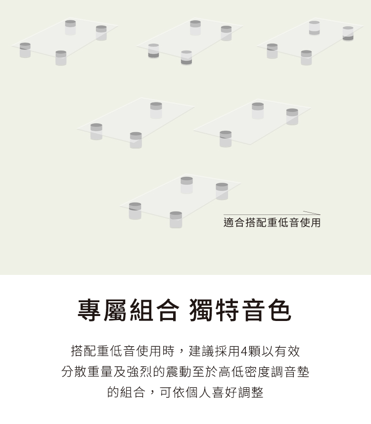 適合搭配重低音使用 專屬組合 獨特音色 搭配重低音使用時,建議採用4顆以有效 分散重量及強烈的震動至於高低密度調音墊 的組合,可依個人喜好調整 