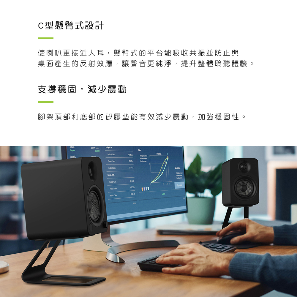 C型懸臂式設計 使喇叭更接近人耳,懸臂式的平台能吸收共振並防止與 桌面產生的反射效應,讓聲音更純淨,提升整體聆聽體驗。 支撐穩固,減少震動 腳架頂部和底部的矽膠墊能有效減少震動,加強穩固性。 