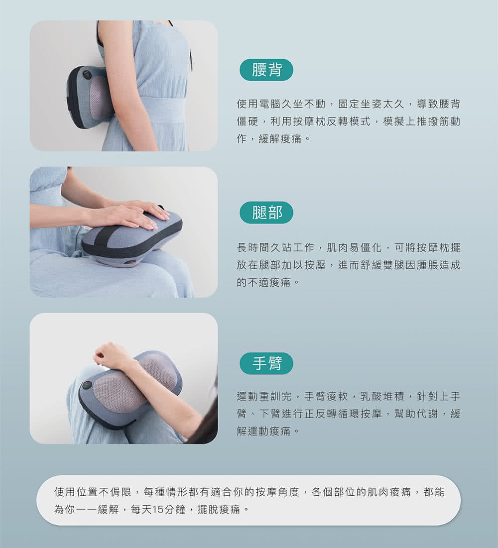 使用位置不侷限,每種情形都有適合你的按摩角度,各個部位的肌肉痠痛,都能