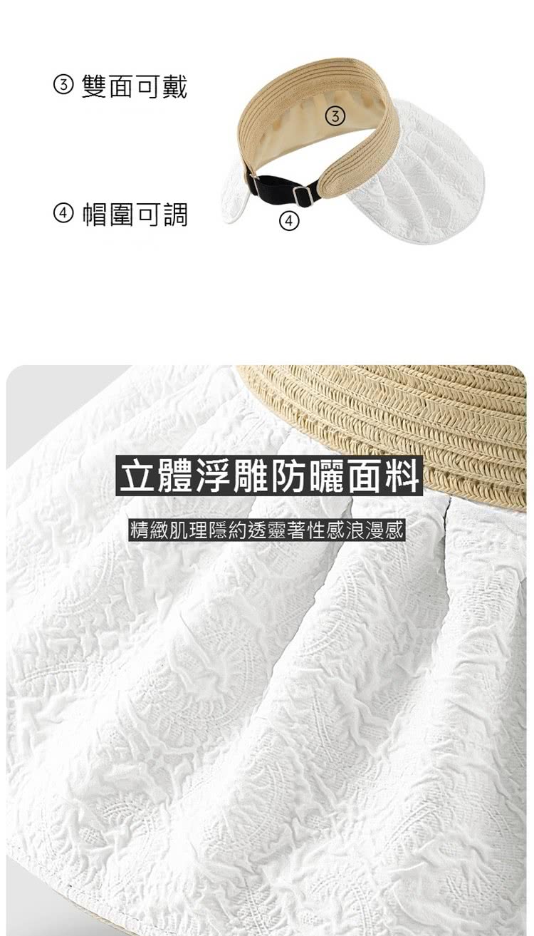雙面可戴 帽圍可調 立體浮雕防曬面料 精緻肌理隱約透靈著性感浪漫感 