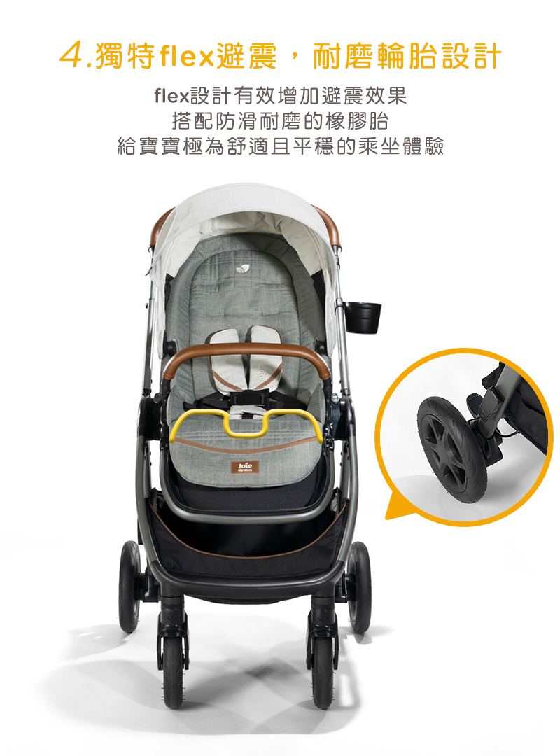 4.獨特flex避震,耐磨輪胎設計 flex設計有效增加避震效果 搭配防滑耐磨的橡膠胎 給寶寶極為舒適且平穩的乘坐體驗 