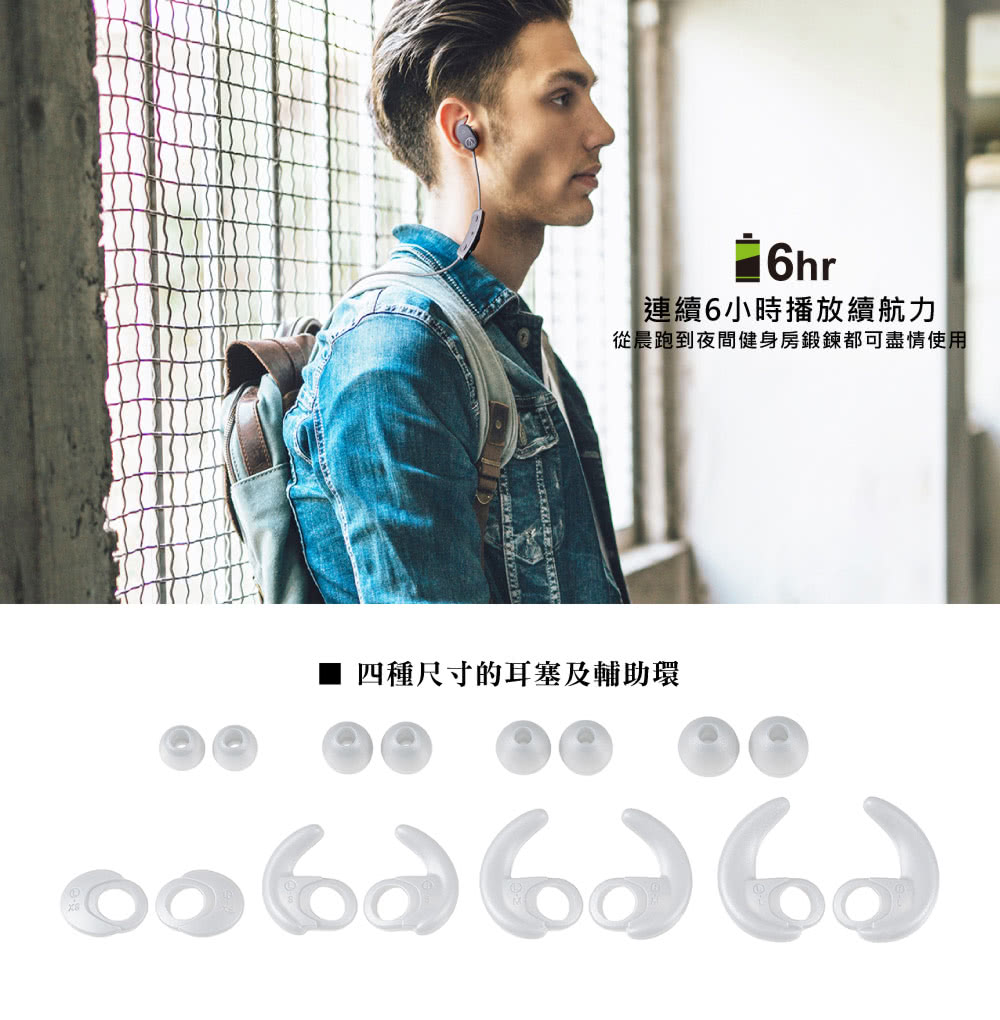 從晨跑到夜間健身房鍛鍊都可盡情使用 四種尺寸的耳塞及輔助環 