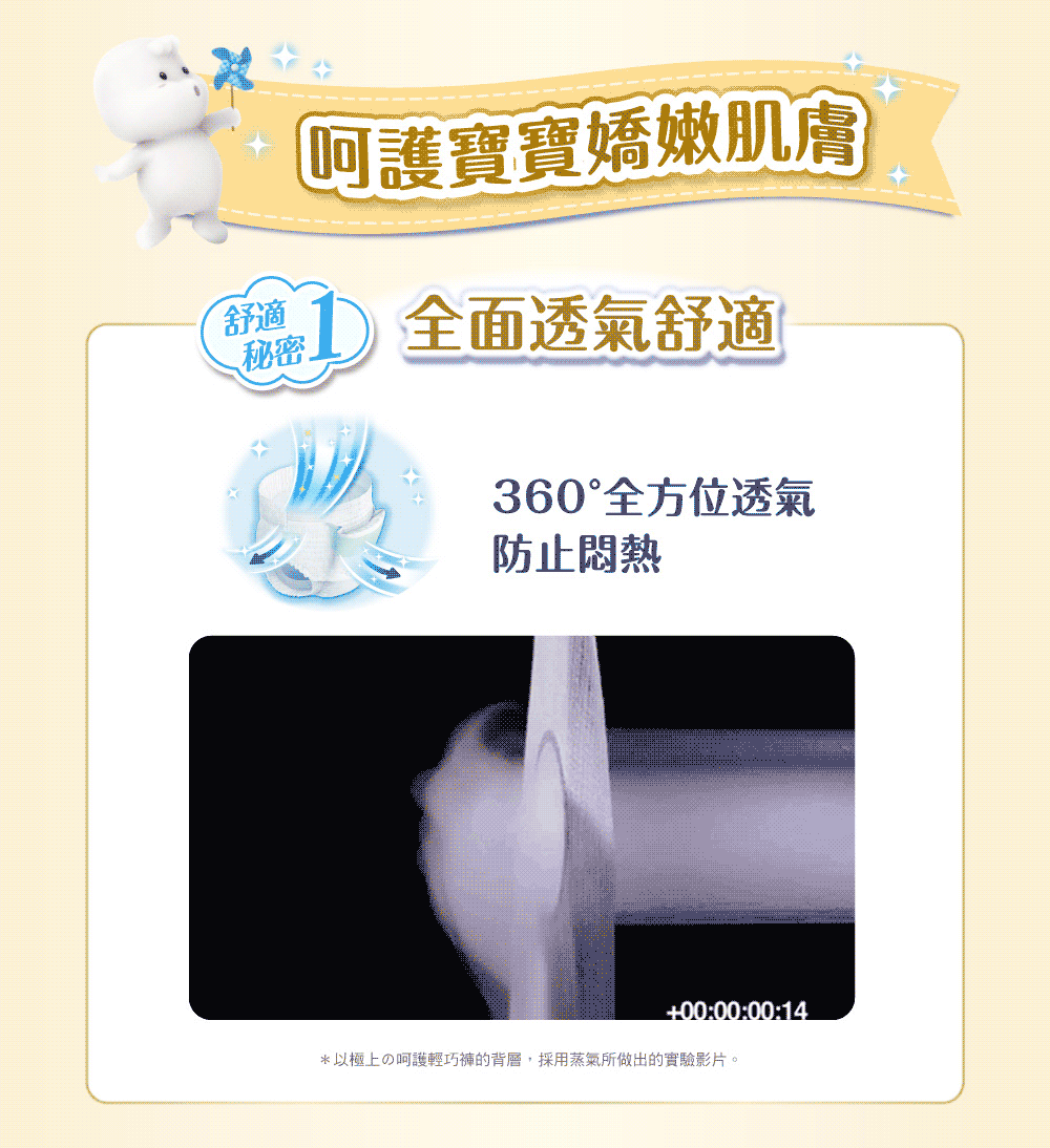 以極上呵護輕巧褲的背層,採用蒸氣所做出的實驗影片。