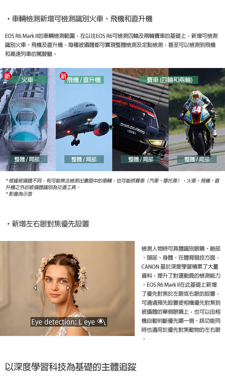 EOS R6 Mark II的車輛檢測範圍,在以往EOS R6可檢測四輪及兩輪賽車的基礎上,新增可檢測