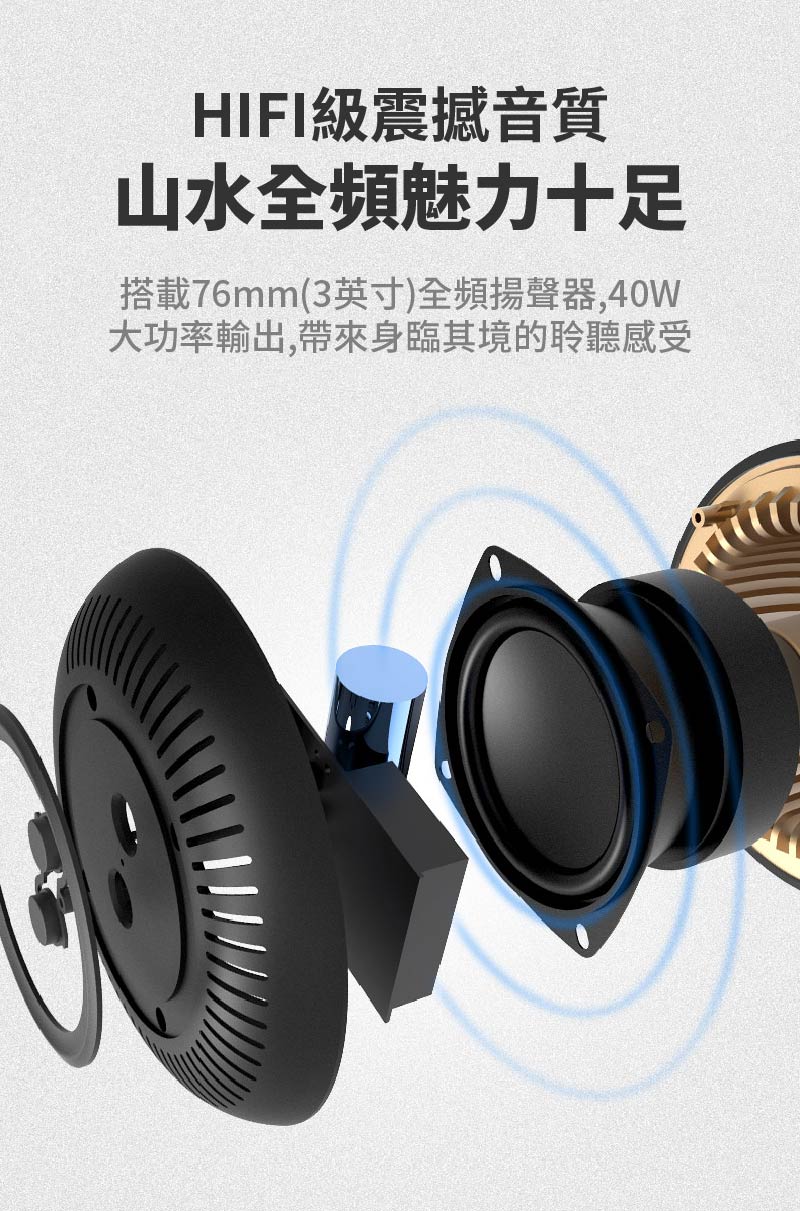 HIFI級震撼音質 山水全頻魅力十足 搭載76mm3英寸全頻揚聲器,40W 大功率輸出,帶來身臨其境的聆聽感受 