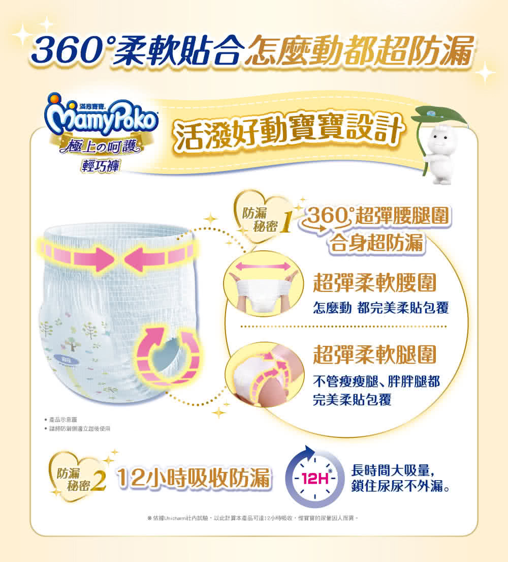 依據Unicharm社內試驗,以此計算本產品可達12小時吸收,惟寶寶的尿量因人而異。