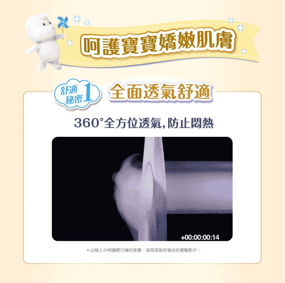 以極上呵護輕巧褲的背層,採用蒸氣所做出的實驗影片。