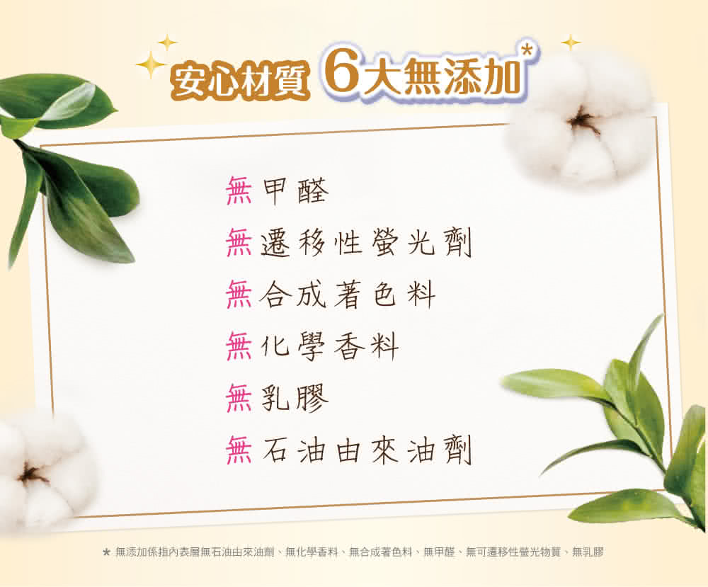 無添加係指內表層無石油由來油劑、無化學香料、無合成著色料、無甲醛、無可遷移性螢光物質,無乳膠
