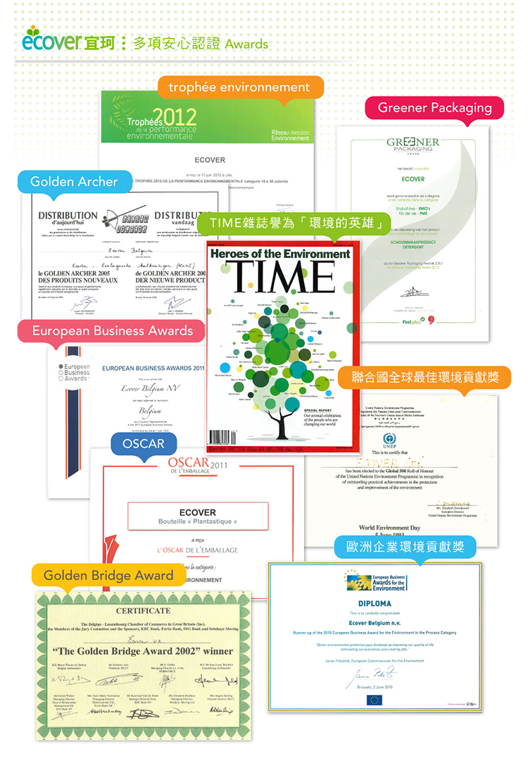 ecover 宜珂多項安心認證 Awards TIME雜誌譽為環境的英雄 聯合國全球最佳環境貢獻獎 歐洲企業環境貢獻獎 