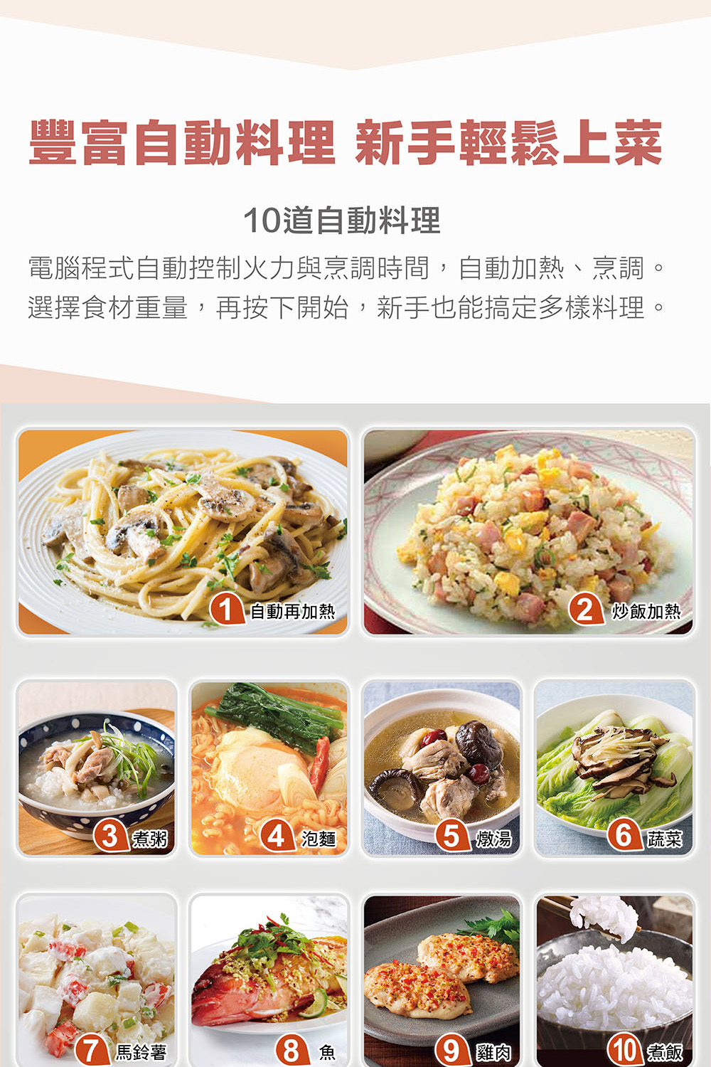 電腦程式自動控制火力與烹調時間,自動加熱、烹調。