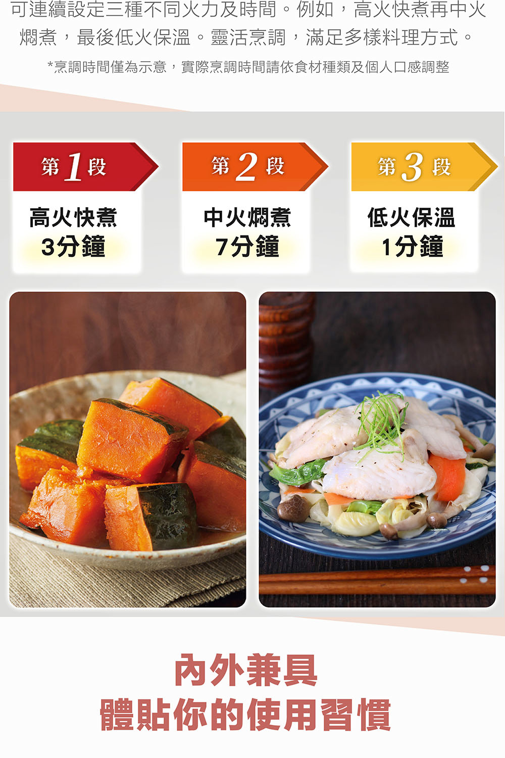 烹調時間僅為示意,實際烹調時間請依食材種類及個人口感調整