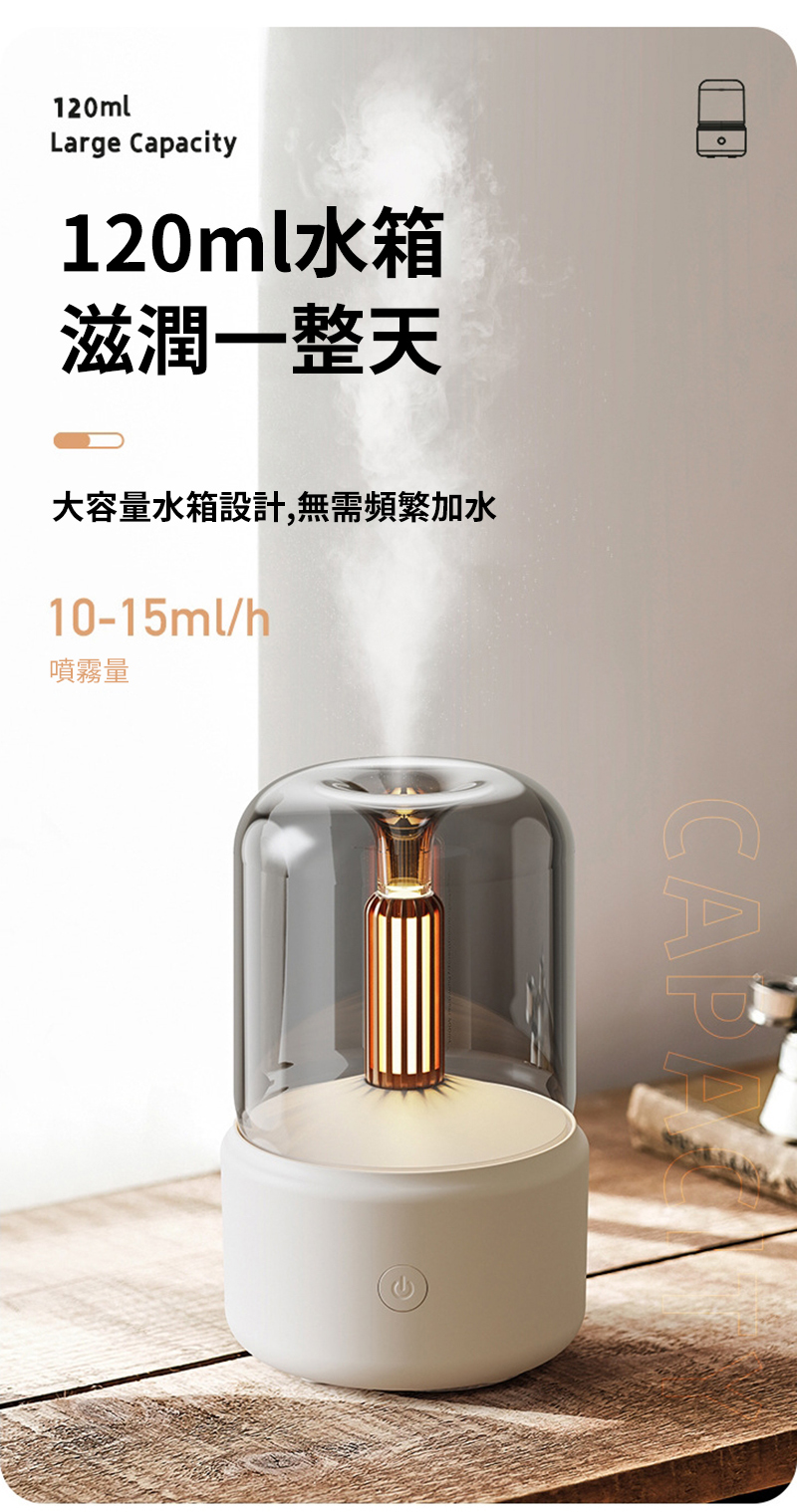 120ml水箱 滋潤一整天 大容量水箱設計,無需頻繁加水 噴霧量 