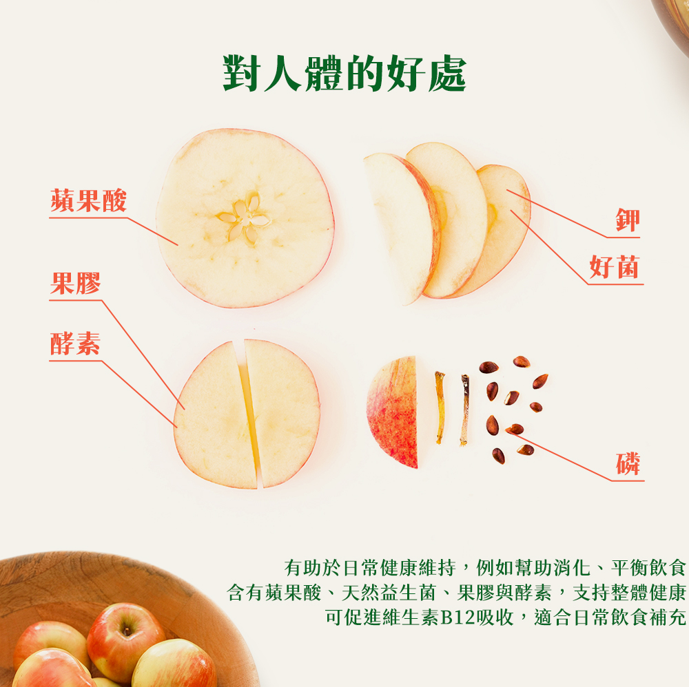 含有蘋果酸、天然益生菌、果膠與酵素,支持整體健康
