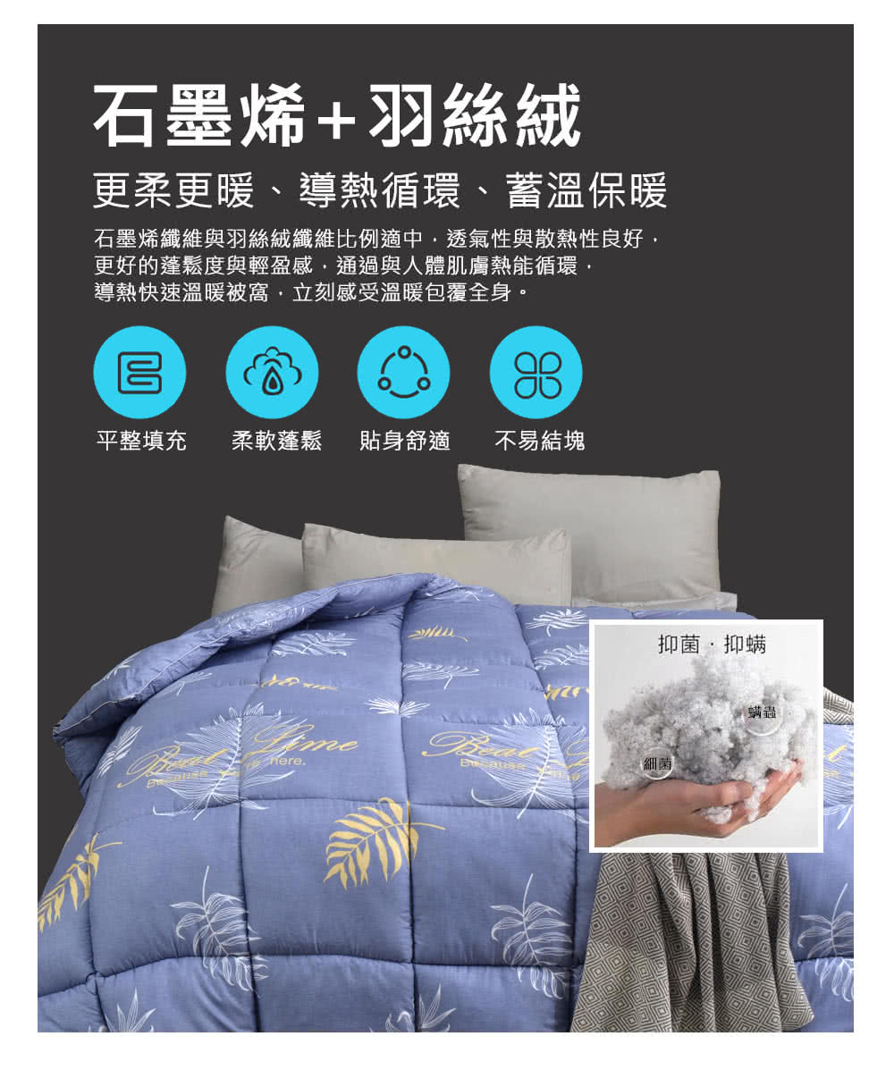 石墨烯纖維與羽絲絨纖維比例適中,透氣性與散熱性良好,
