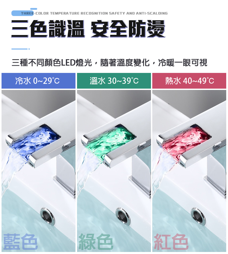 三色識溫 安全防燙 三種不同顏色LED燈光,隨著溫度變化,冷暖一眼可視 熱水 4049C 藍色 綠色 紅色 