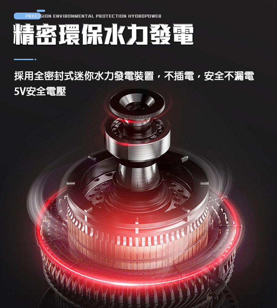 精密環保水力發電 採用全密封式迷你水力發電裝置,不插電,安全不漏電 5V安全電壓 