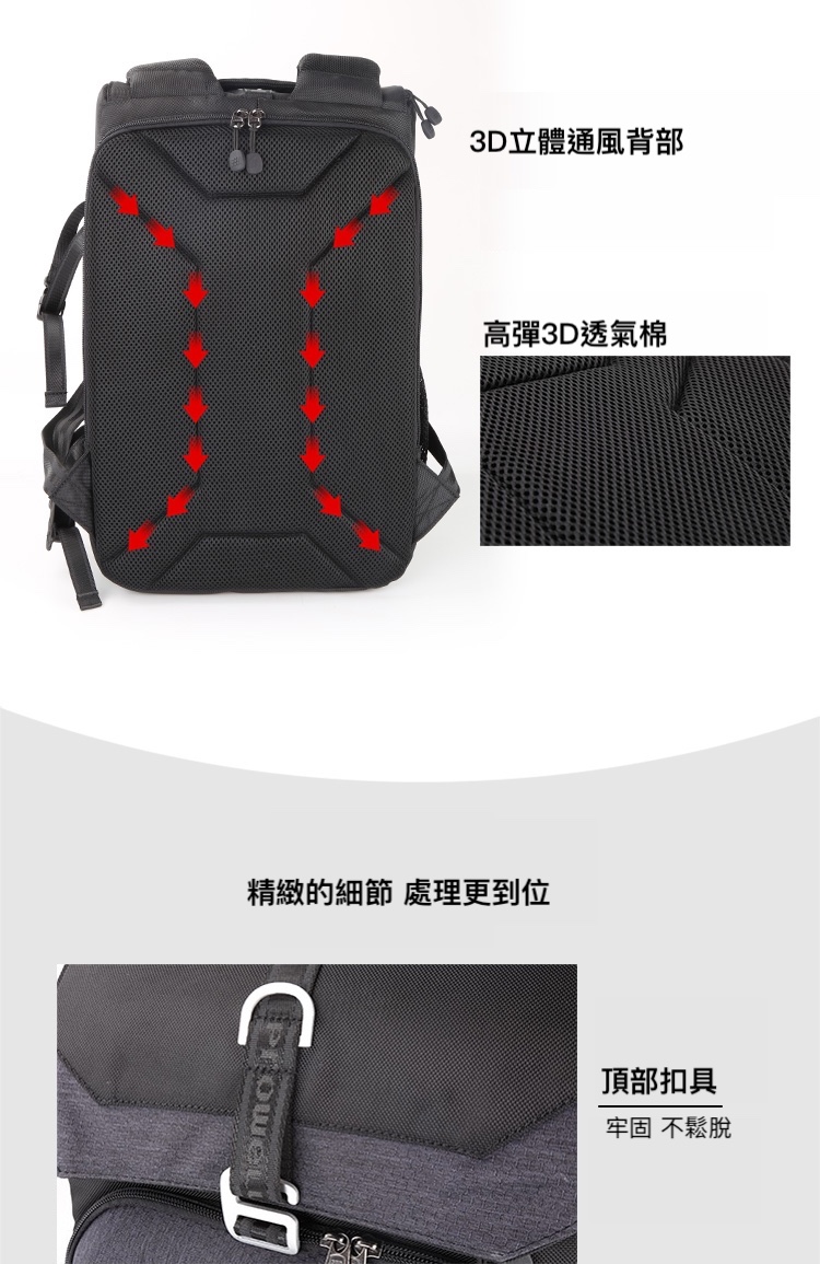 3D立體通風背部 精緻的細節 處理更到位 高彈3D透氣棉 頂部扣具 牢固 不鬆脫 