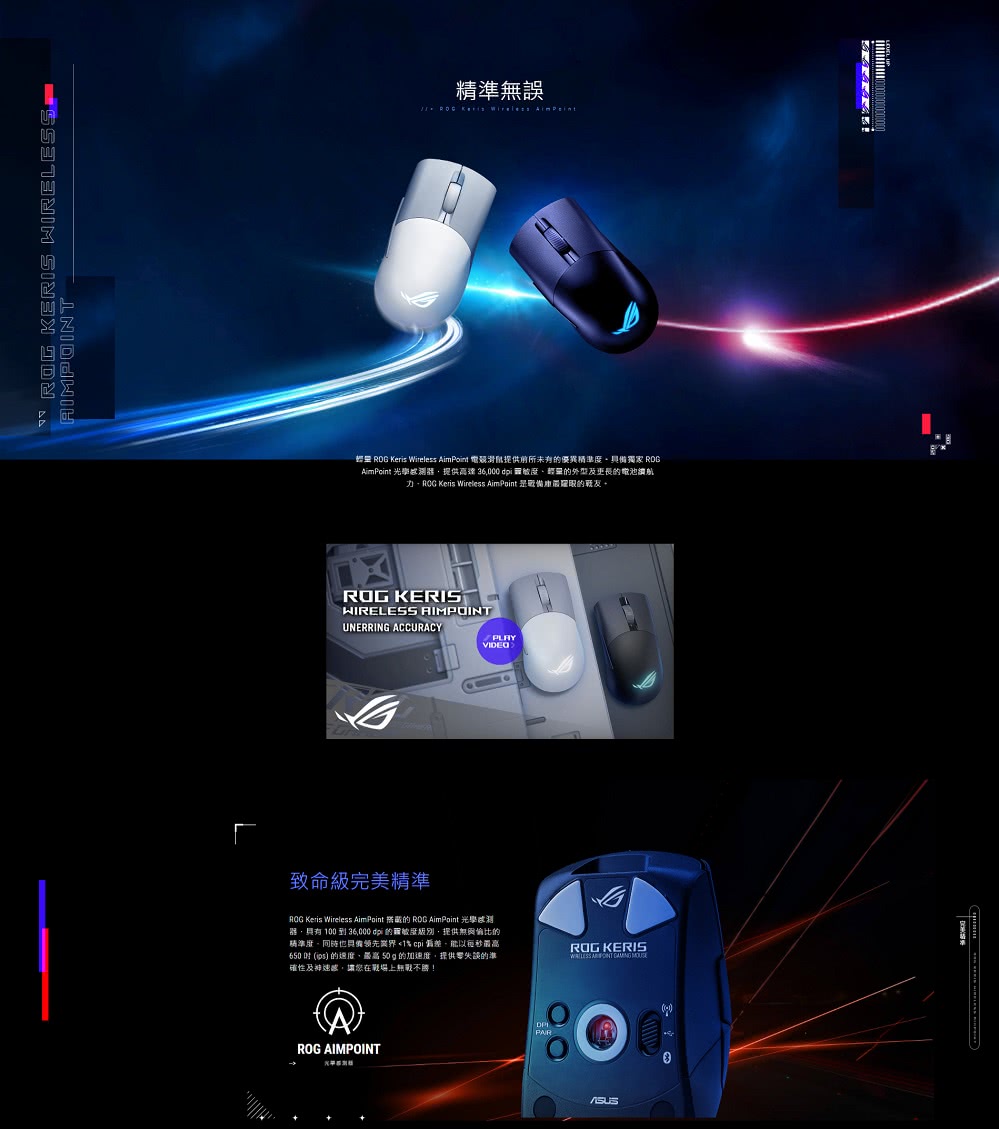 超型 ROG Keris Wireless AimPoint 電競滑鼠提供前所未有的優與精準度。具備獨家 RDG