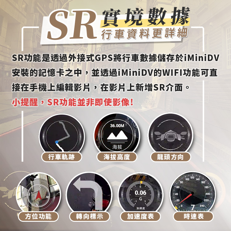 SR功能是透過外接式GPS將行車數據儲存於iMiniDV