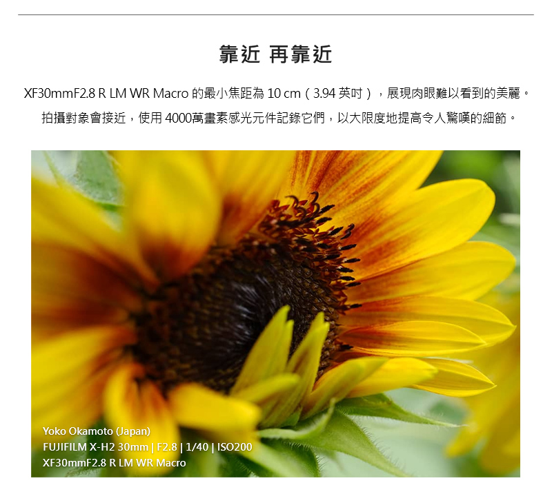 靠近 再靠近 XF30mmF2.8 R LM WR Macro 的最小焦距為 10 cm3.94 英吋,展現肉眼難以看到的美麗。 拍攝對象會接近,使用 4000萬畫素感光元件記錄它們,以大限度地提高令人驚嘆的細節。 