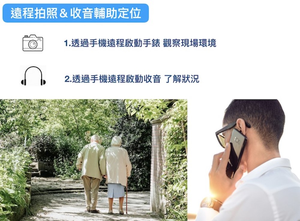 遠程拍照收音輔助定位 1.透過手機遠程啟動手錶 觀察現場環境 2.透過手機遠程啟動收音了解狀況 